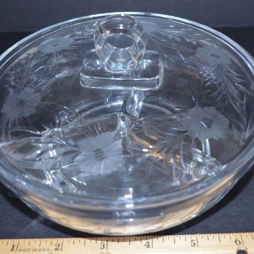 Cut Glass Flower Design 3 Part Divided Candy Relish Nut Dish with Lid
